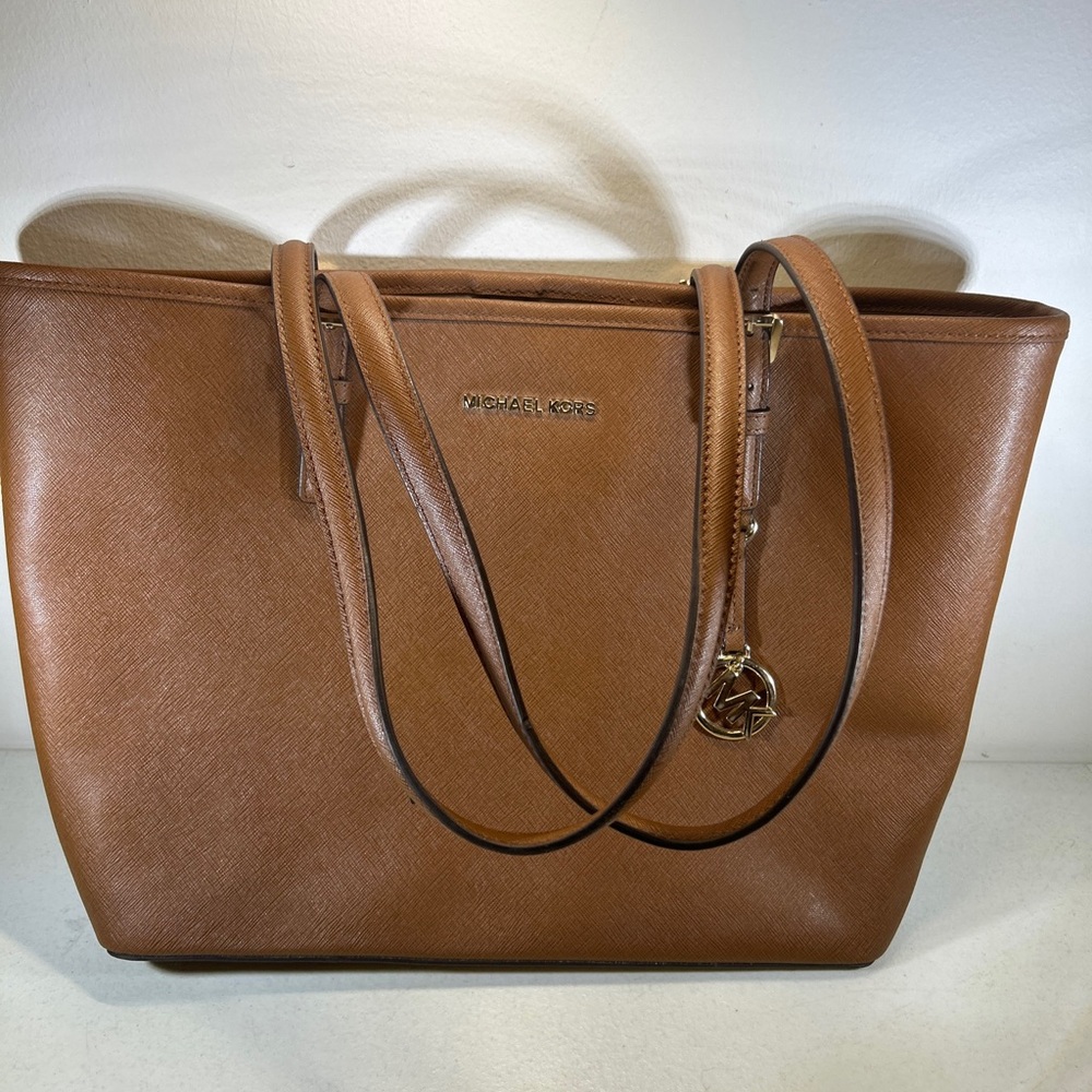 Michael Kors Jet Set East West Signature Brown Leather Tote Purse  Shoulder Bag